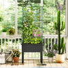 Self-watering raised garden bed with climbing trellis in black, perfect for growing flowers and vegetables indoors.