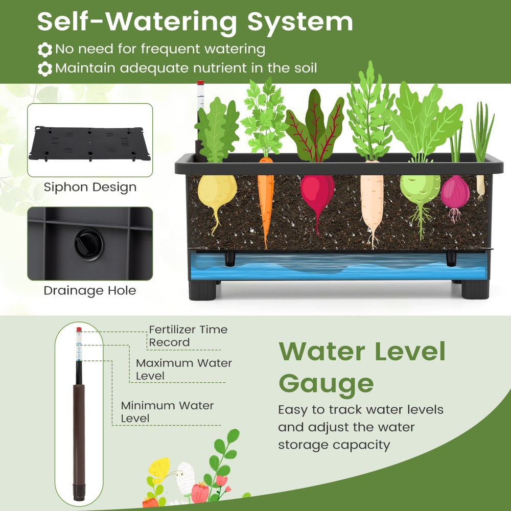 Self-watering raised garden bed with climbing trellis, ideal for flowers and vegetables, featuring drainage holes and.