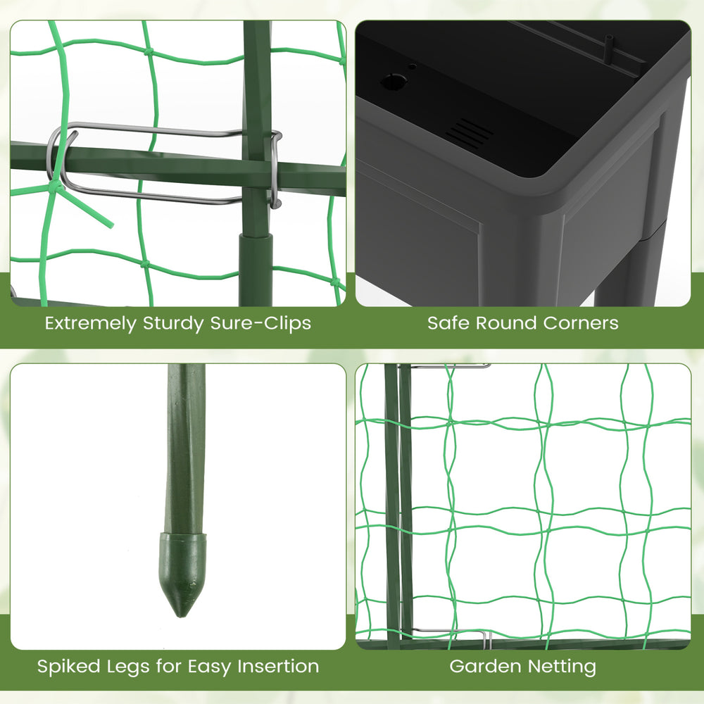 Close-up of the climbing trellis with garden netting and sturdy clips for the self-watering raised garden bed.