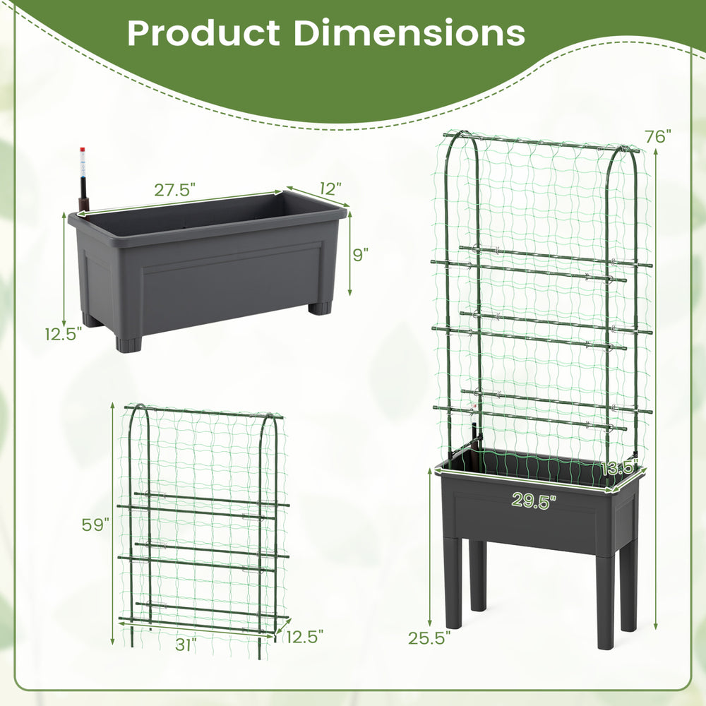 Self-watering raised garden bed with climbing trellis, black, featuring drainage holes and ergonomic height for easy.