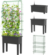 Self-watering raised garden bed in black with climbing trellis, ideal for flowers and vegetables, featuring ergonomic.