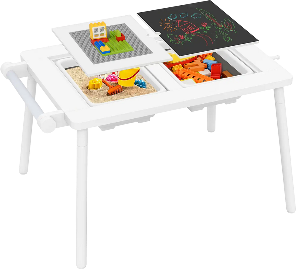 Sensory table with double-sided tabletops, foldable bins, and building blocks board for kids' creative play.