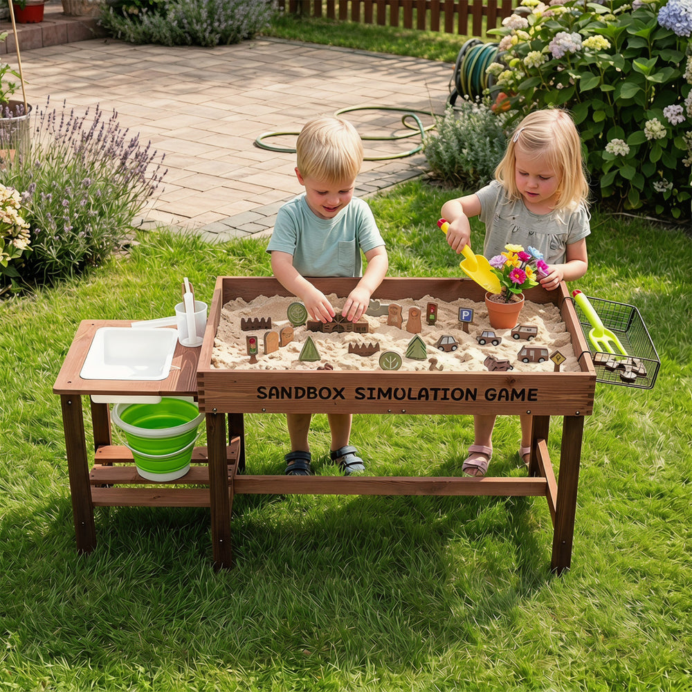 Sensory table with water pump and sink, featuring kids playing with 33 sand toys in a backyard setting.