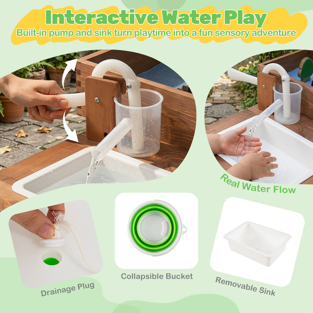 Sensory table featuring a built-in pump and sink, collapsible bucket, and drainage plug for fun water play.