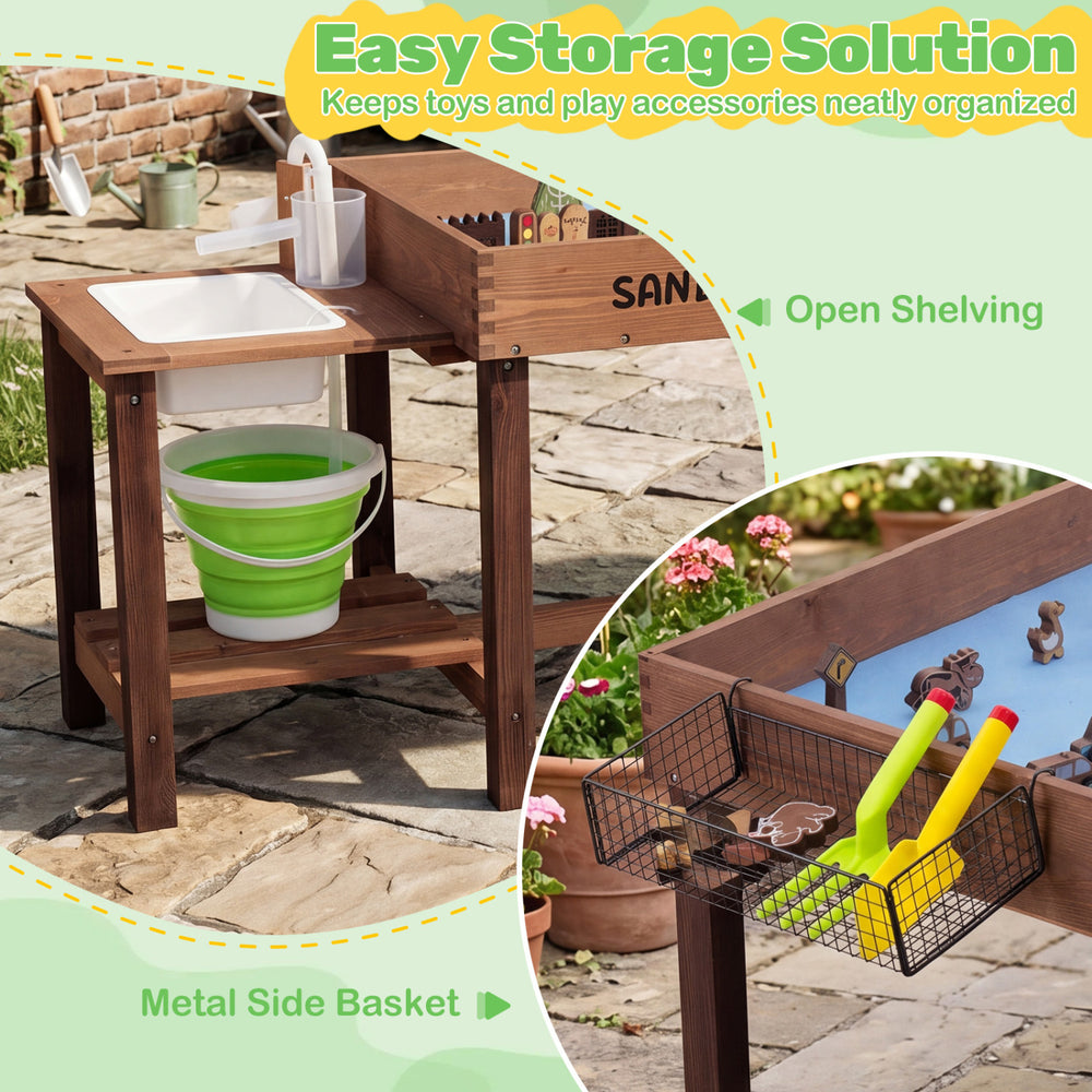 Sensory table with water pump and sink, featuring open shelving and metal side basket for organized playtime.