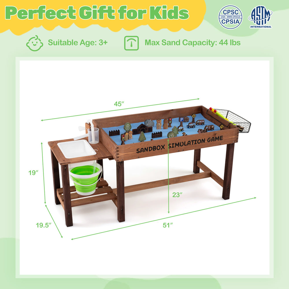Sensory table with water pump and sink, featuring 33 sand toys, solid wood structure, and open shelving for organized.
