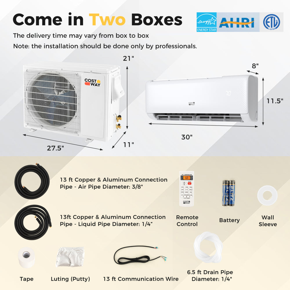 Split air conditioner unit with 12000 BTU, 21 SEER2 rating, and remote control for efficient cooling and heating.