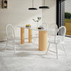 Vintage Windsor wood dining chairs with spindle back in white, featuring ergonomic design for comfort and stability.