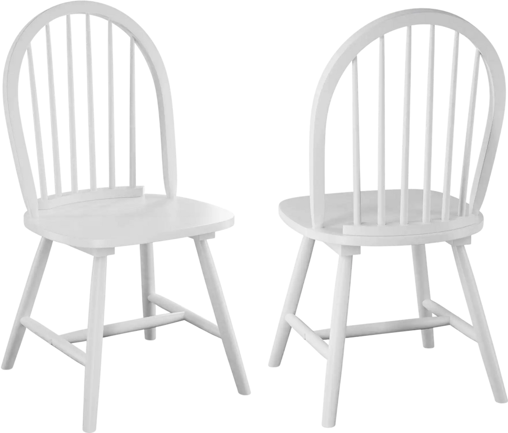Set of 2 vintage white Windsor wood dining chairs with spindle back, featuring ergonomic design for comfort and.