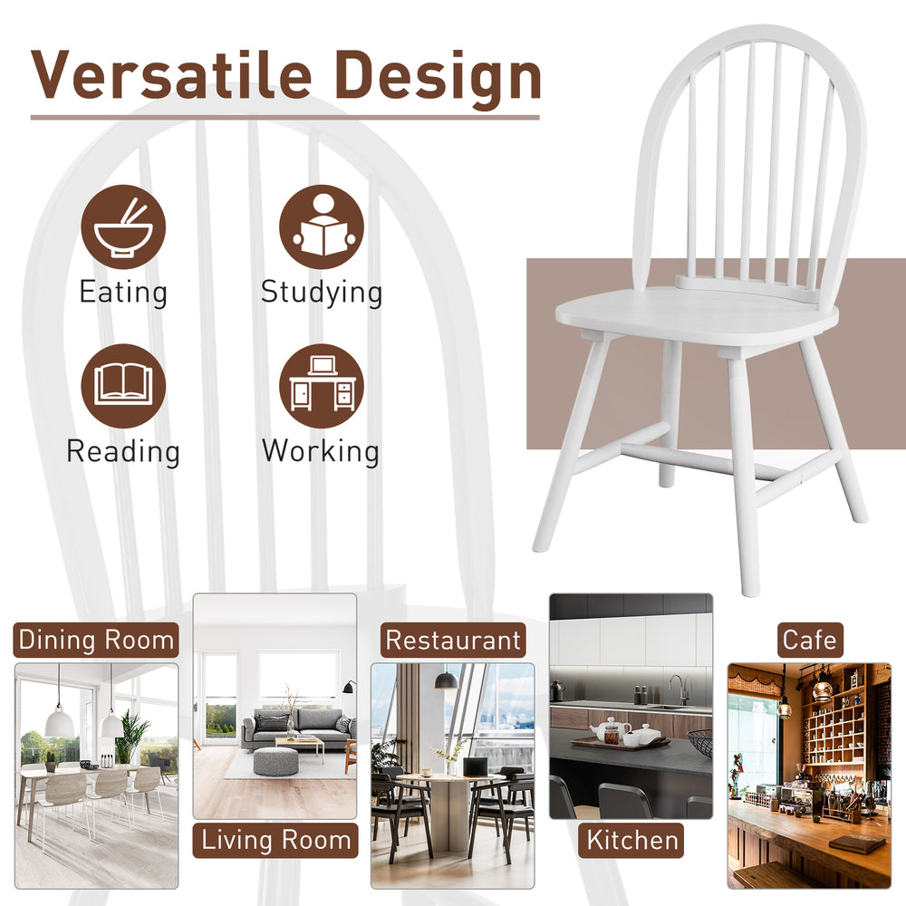 Vintage Windsor wood chair with spindle back in white, featuring ergonomic design for dining room comfort and style.