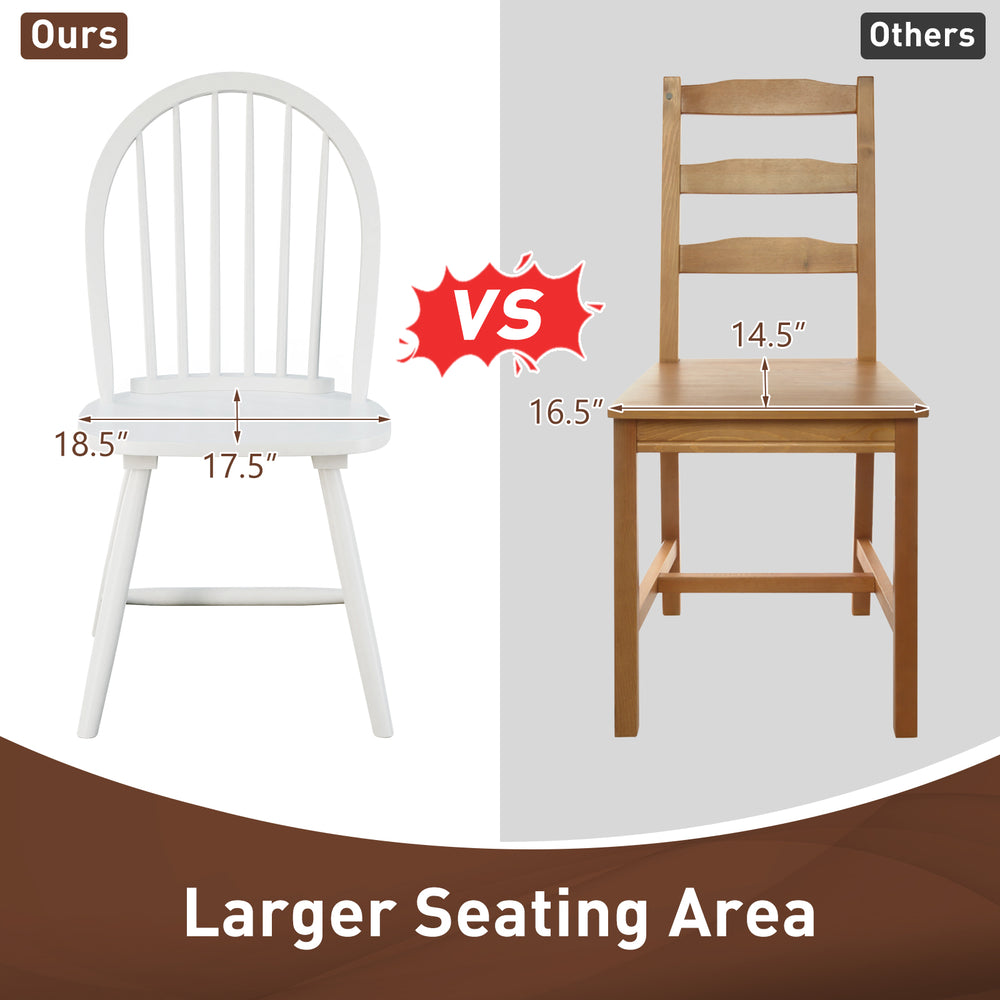 Vintage Windsor wood dining chair in white with ergonomic backrest and widened seat for comfort and stability.
