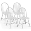 Set of 4 white vintage Windsor wood dining chairs with spindle backs, offering ergonomic support and comfort.