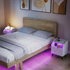Set of 2 white nightstands with LED lights, power outlets, and foldable drawers for stylish and functional bedroom storage.