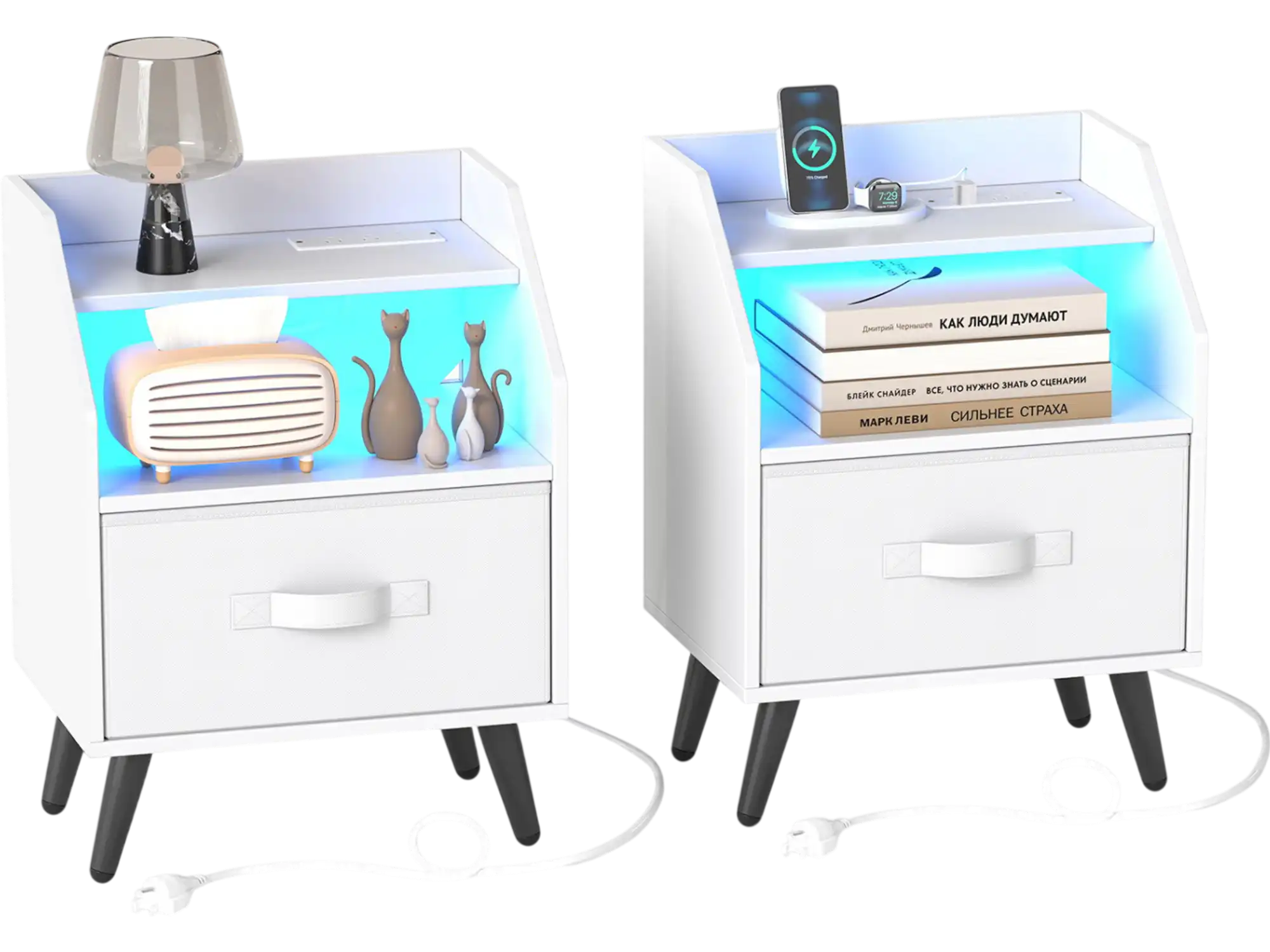 Costway Set of 2 LED Nightstands with Power Outlets 24664813 New