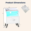 Dimensions of a white nightstand with LED lights, drawer, and open compartment for versatile storage solutions.