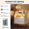 White nightstand set featuring ambient LED lighting, adjustable brightness, and built-in charging station for versatile use.