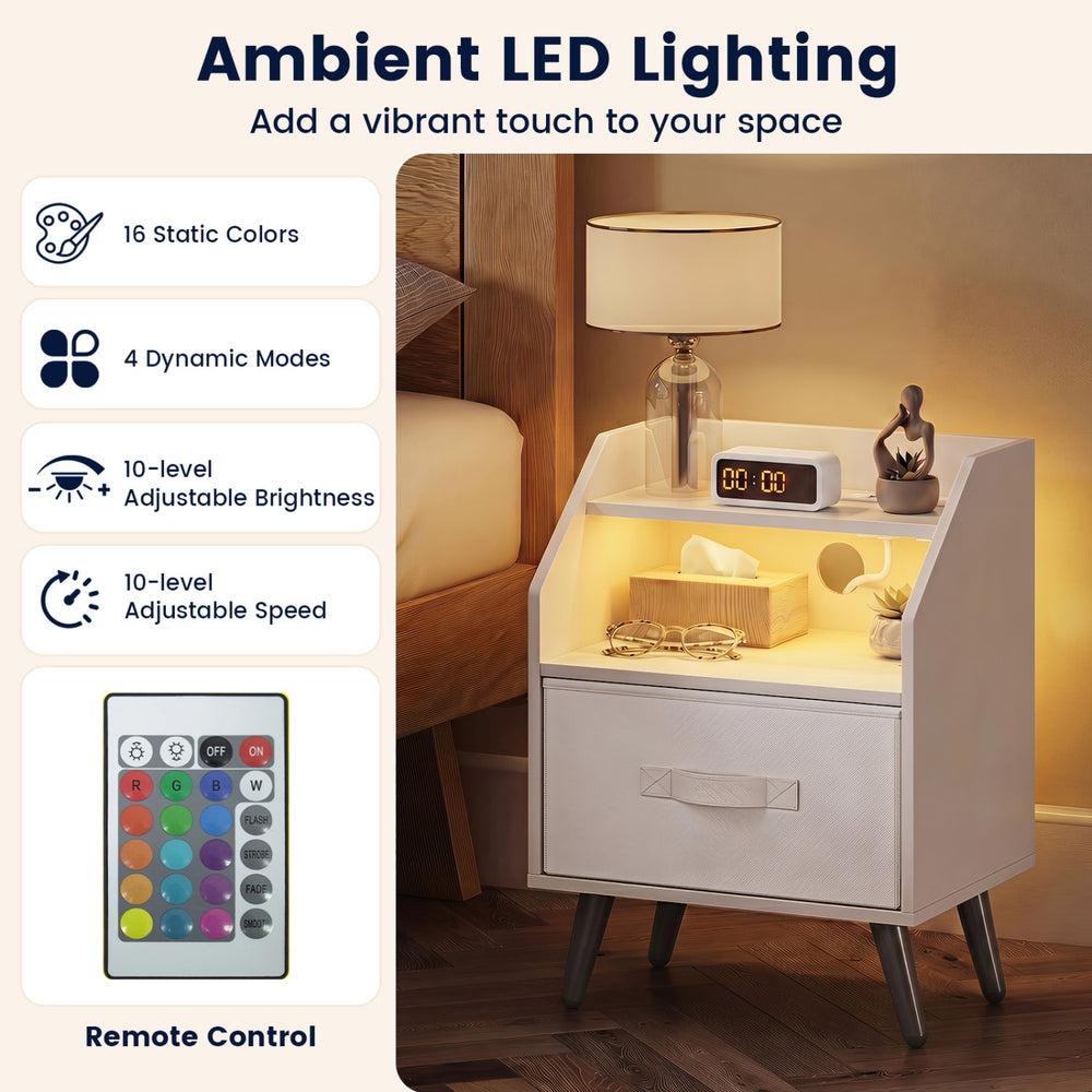 White nightstand set featuring ambient LED lighting, adjustable brightness, and built-in charging station for versatile use.