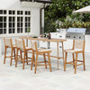 Outdoor counter height bar stool with woven paper rope and teak wood frame, perfect for patio or garden seating.