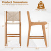 Dimensions of the outdoor counter height bar stool with teak wood frame and woven paper rope, supports up to 400 lbs.