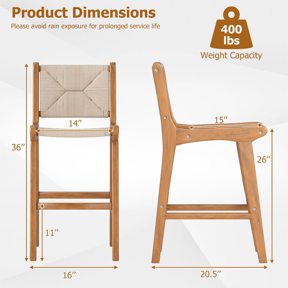 Dimensions of the outdoor counter height bar stool with teak wood frame and woven paper rope, supports up to 400 lbs.