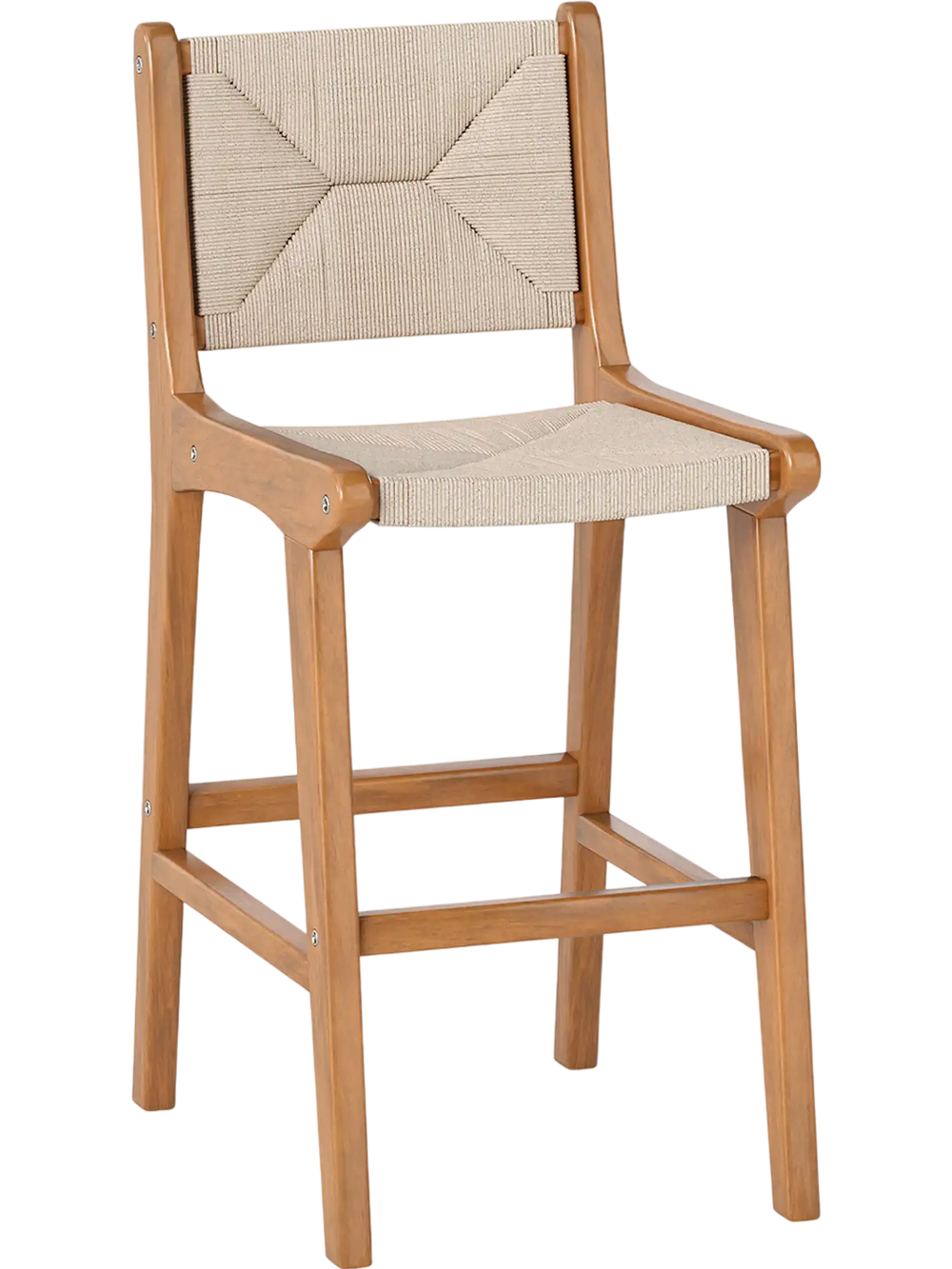 Set of 1 Outdoor Counter Height Bar Stool Woven Paper Rope Patio Barstool with Teak Wood Frame