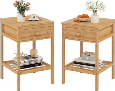 Costway Bamboo Nightstand Bedside Table w/ Storage Drawer Open Shelf 44953138 New