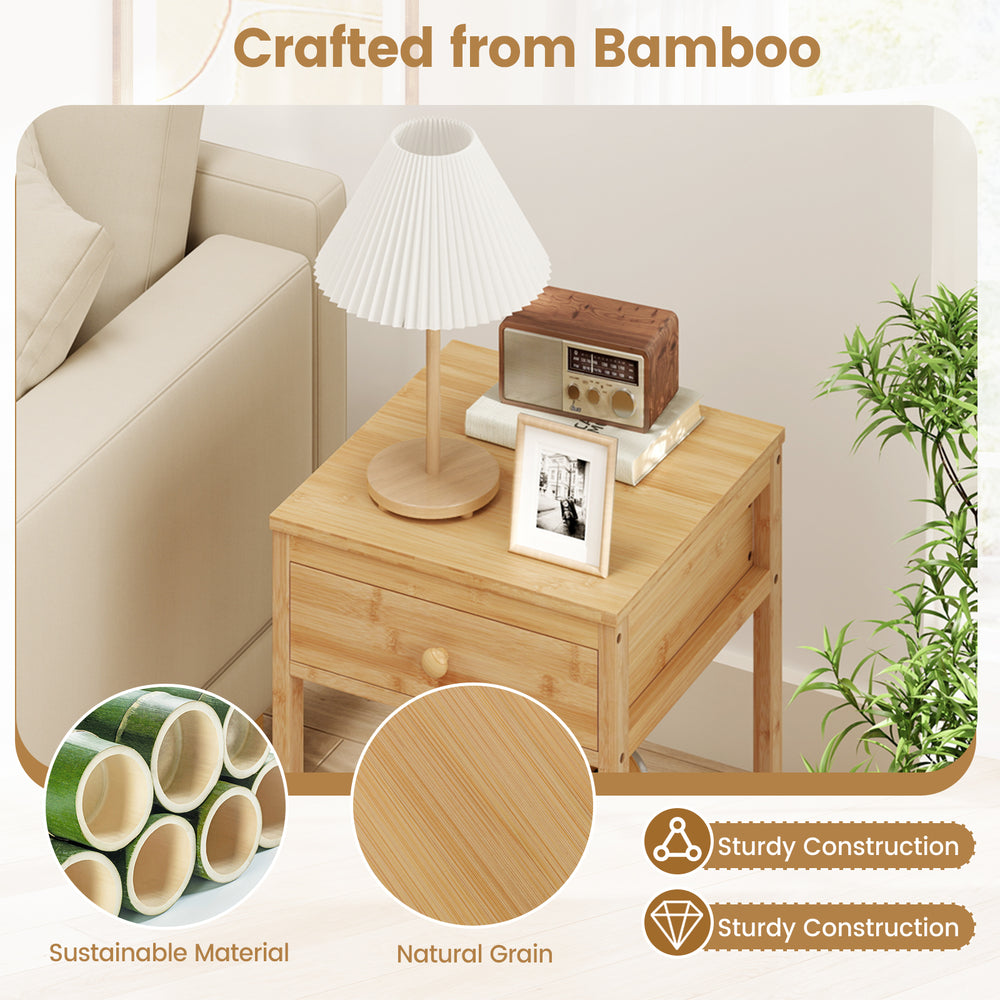 Bamboo nightstand with storage drawer and open shelf, featuring natural grain and sturdy construction for versatile use.