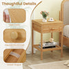 Bamboo nightstand with storage drawer and open shelf, featuring a sleek finish and round knob for easy access.