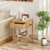 Bamboo nightstand with storage drawer and open shelf, ideal for lamps and decor in a rustic living space.