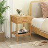 Bamboo nightstand with storage drawer and open shelf, perfect for bedside essentials and rustic decor.