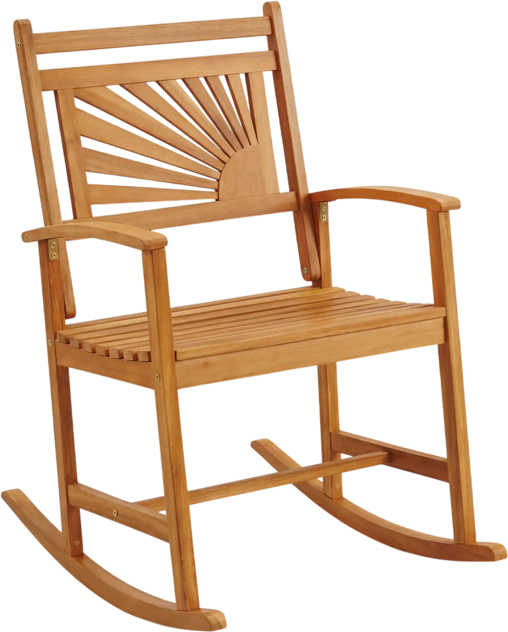Acacia wood patio rocking chair with curved armrests and slatted seat, perfect for relaxing on porches or gardens.