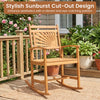 Acacia wood patio rocking chair features a stylish sunburst cut-out design, ideal for relaxing on porches or gardens.