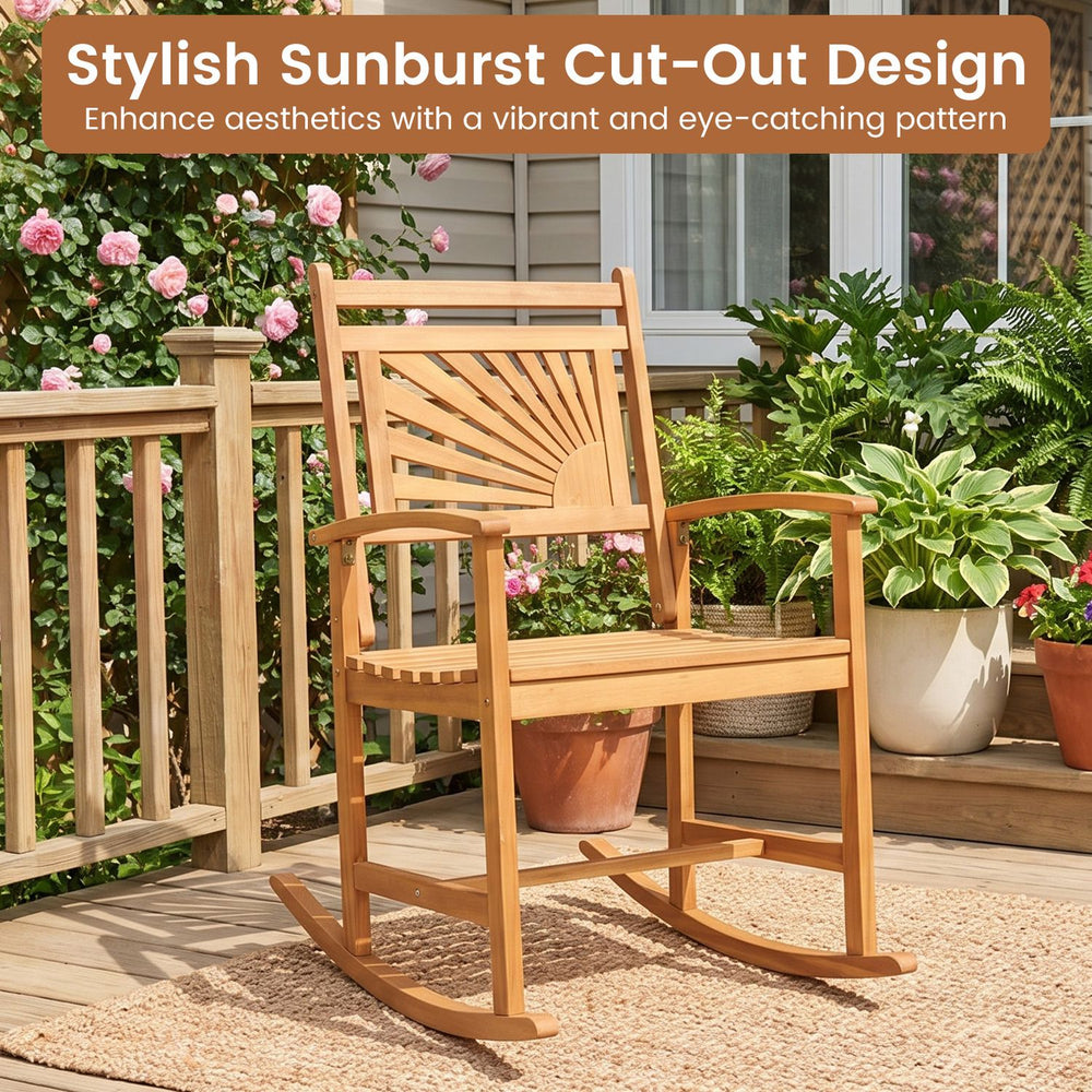 Acacia wood patio rocking chair features a stylish sunburst cut-out design, ideal for relaxing on porches or gardens.
