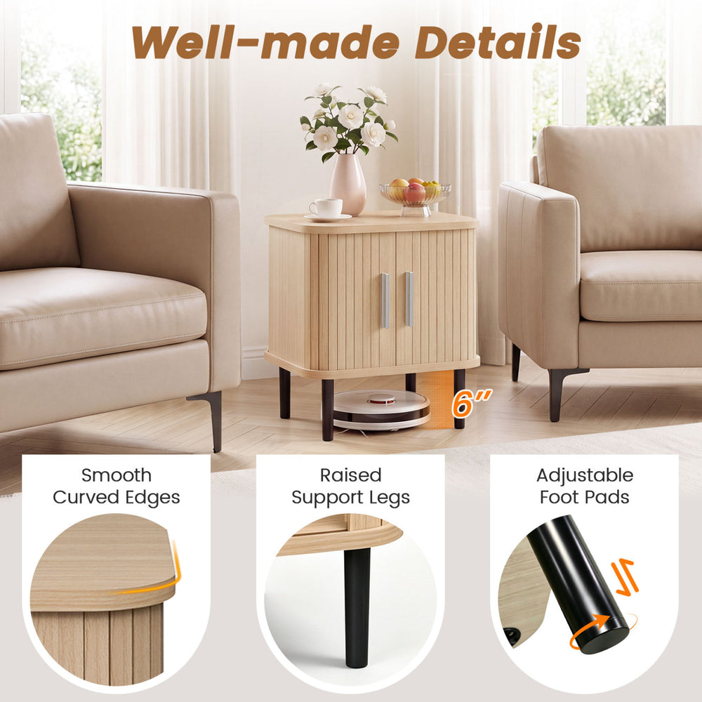 Fluted nightstand with sliding doors, adjustable shelf, and smooth curved edges for stylish storage in small spaces.