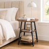 Industrial side table in rustic brown with three tiers for storage, perfect for living room or bedroom use.
