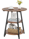 Rustic brown industrial side table with three tiers, featuring a sturdy metal frame and adjustable foot pads for stability.