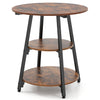 Rustic brown industrial side table with three tiers and a sturdy metal frame, perfect for living room storage.