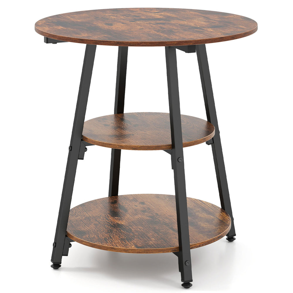 Rustic brown industrial side table with three tiers and a sturdy metal frame, perfect for living room storage.