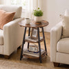 Rustic brown industrial side table with three tiers and metal frame, perfect for living room storage and decor.