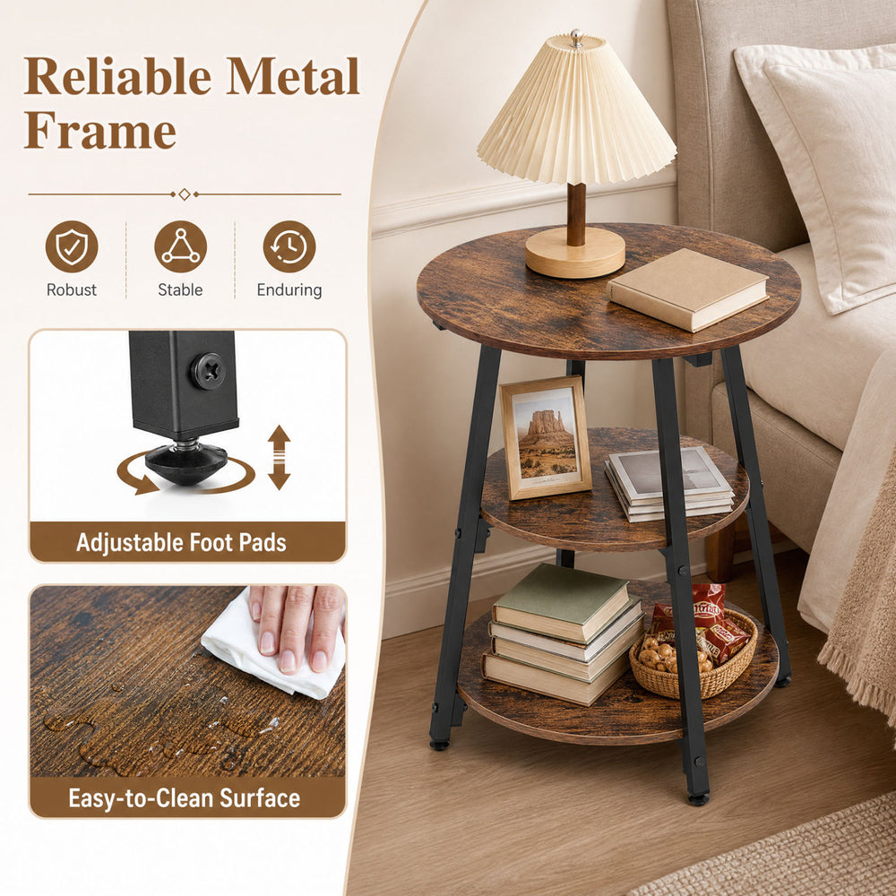 Rustic brown industrial side table with three tiers, adjustable foot pads, and an easy-to-clean surface for versatile storage.