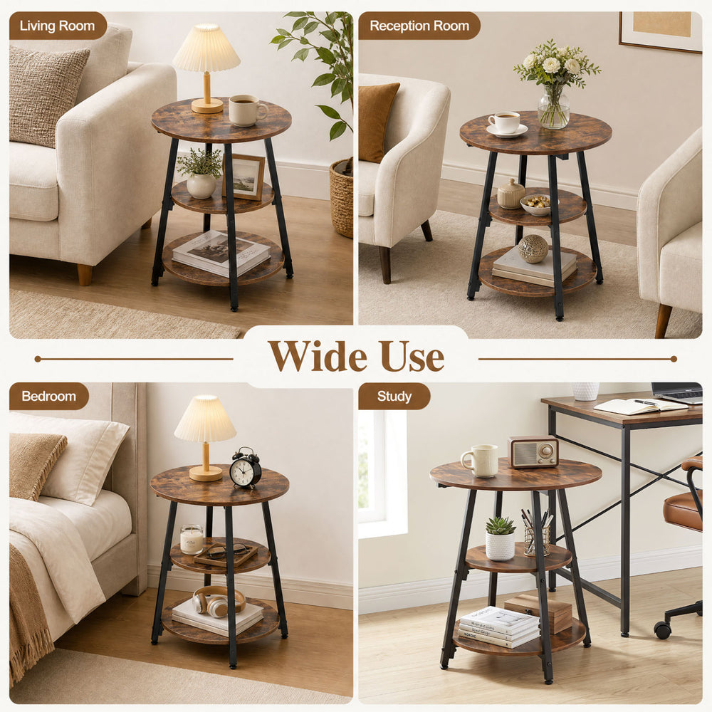 Rustic brown industrial side table with 3-tier storage shelves, perfect for living room, bedroom, or study use.