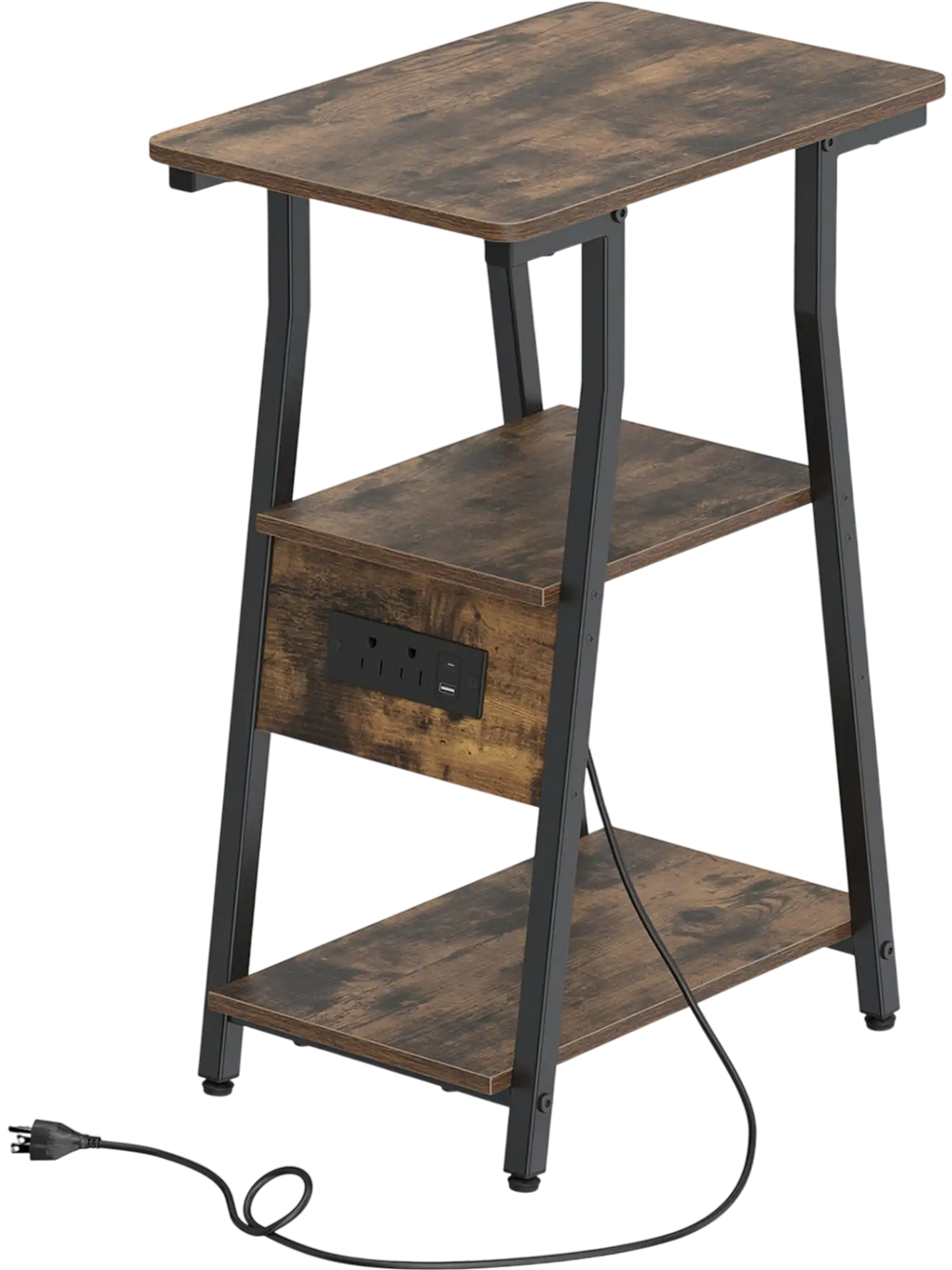 Rustic brown industrial side table featuring a charging station, 3-tier shelves, and a sturdy metal frame for small spaces.