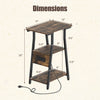 Rustic brown industrial side table with dimensions, featuring a charging station and 3-tier shelves for small spaces.