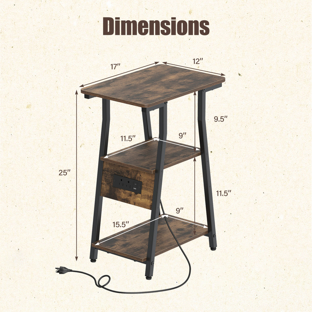 Rustic brown industrial side table with dimensions, featuring a charging station and 3-tier shelves for small spaces.