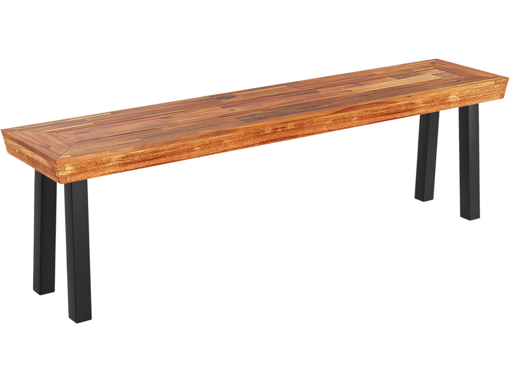 Backless outdoor bench made of solid acacia wood with a sturdy metal frame, suitable for 2-3 people in garden settings.