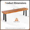 Dimensions of the outdoor acacia wood bench with metal frame, 60" long, 18" high, supports 800 lbs for 2-3 people.