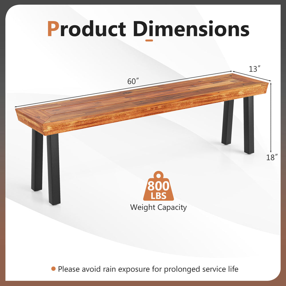 Dimensions of the outdoor acacia wood bench with metal frame, 60" long, 18" high, supports 800 lbs for 2-3 people.