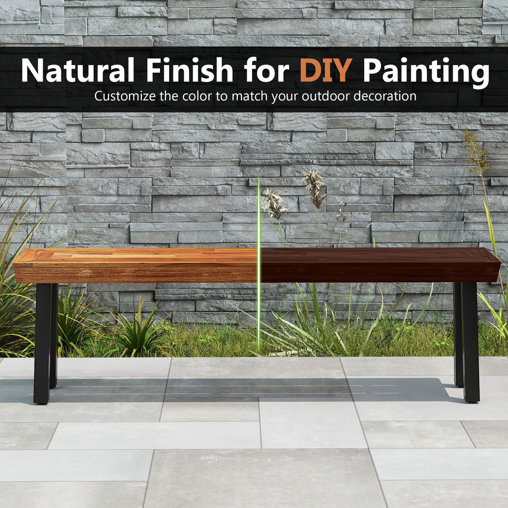 Backless outdoor acacia wood bench with metal frame, customizable natural finish, suitable for patio or garden use.