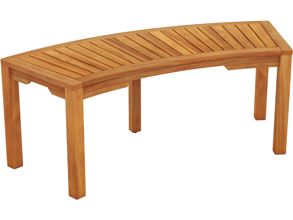 Curved acacia wood outdoor bench for 2 people, featuring a smooth surface and elegant design for patio or garden use.
