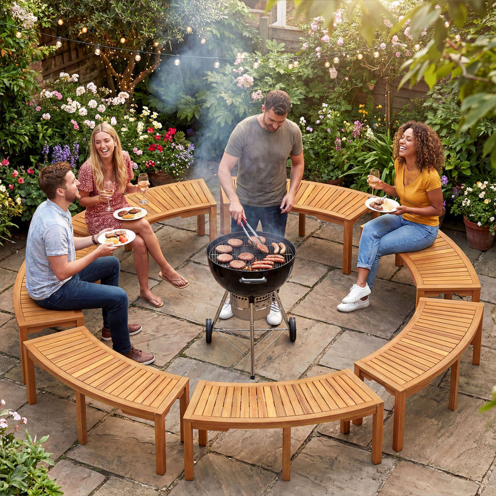 Curved acacia wood outdoor bench set for 2, perfect for garden gatherings and DIY arrangements.
